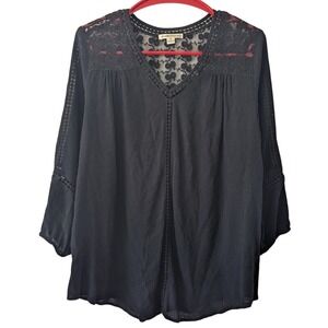 John Paul Richard Black Lace Trim Blouse Bohemian Flowy Top Medium